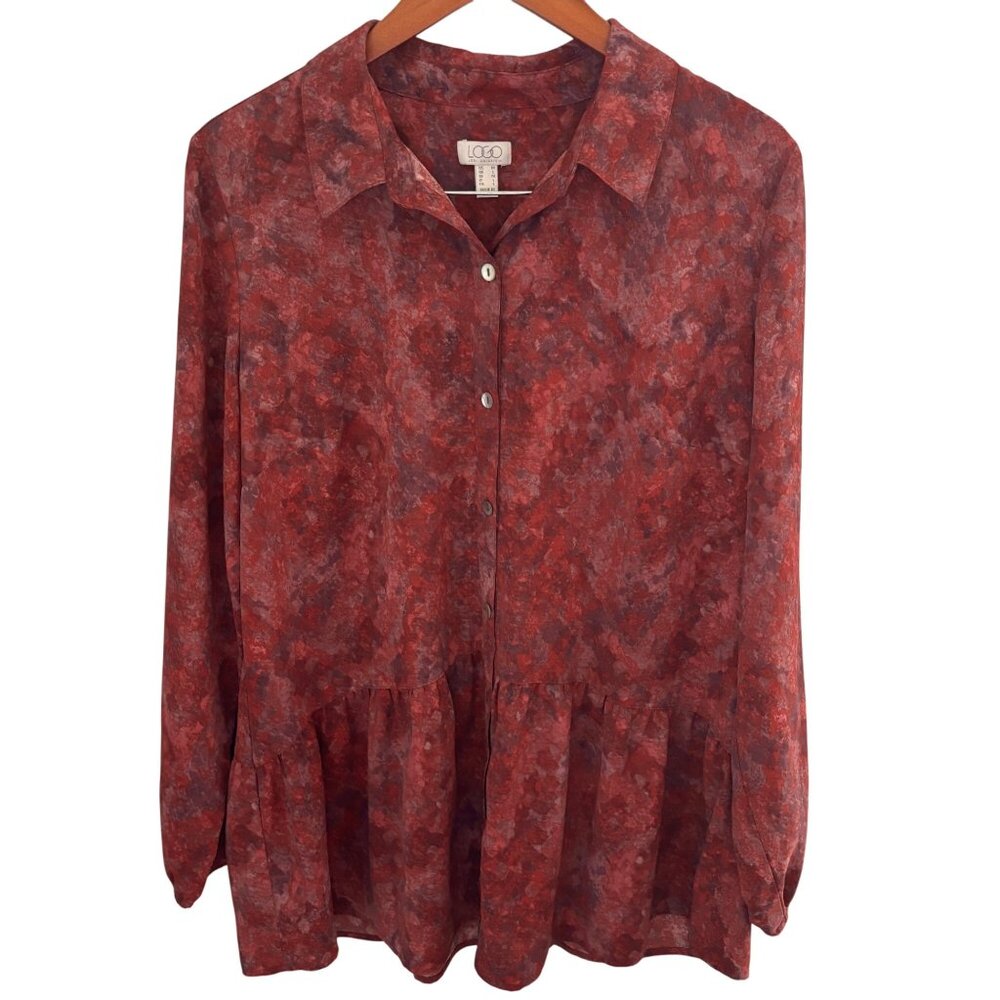 Logo Lori Goldstein Top Womens Medium Rust Button Up Lagenlook Blouse Artsy Boho